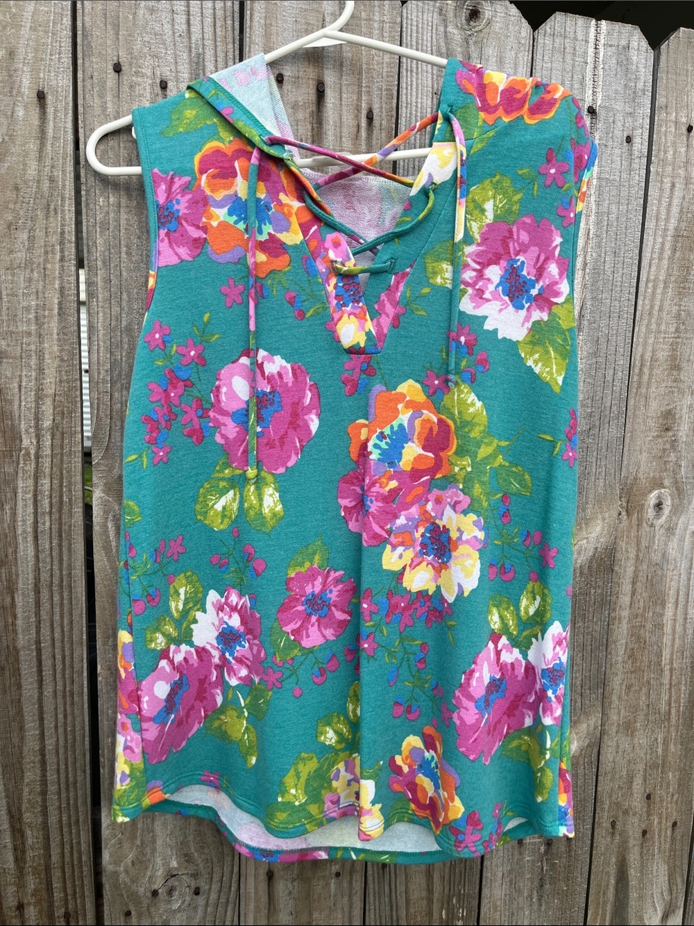 Sew In Love Teal Floral Lace-Up Tank Top with Pink & Orange Blooms